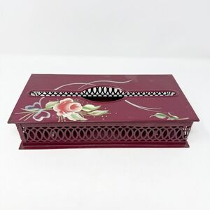 Vintage Wolff Black Metal Tissue Box Cover with Hand-Painted Floral Details